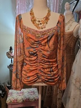 Boston Proper Peach Paisley Beaded  Ruched Long-Sleeve Blouse